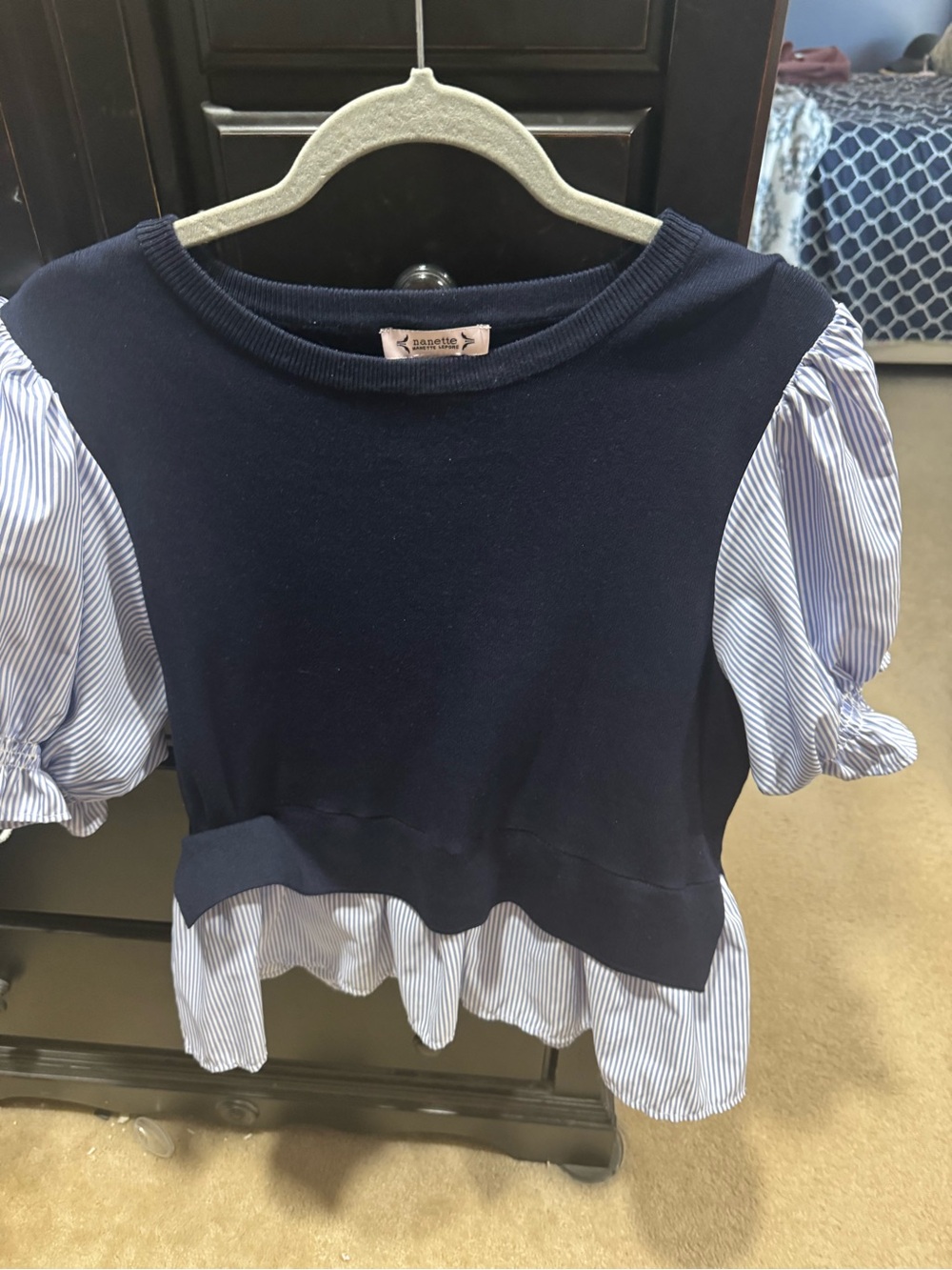 Nanette Lepore Navy Knit Top with Blue-White Striped Puff Sleeves